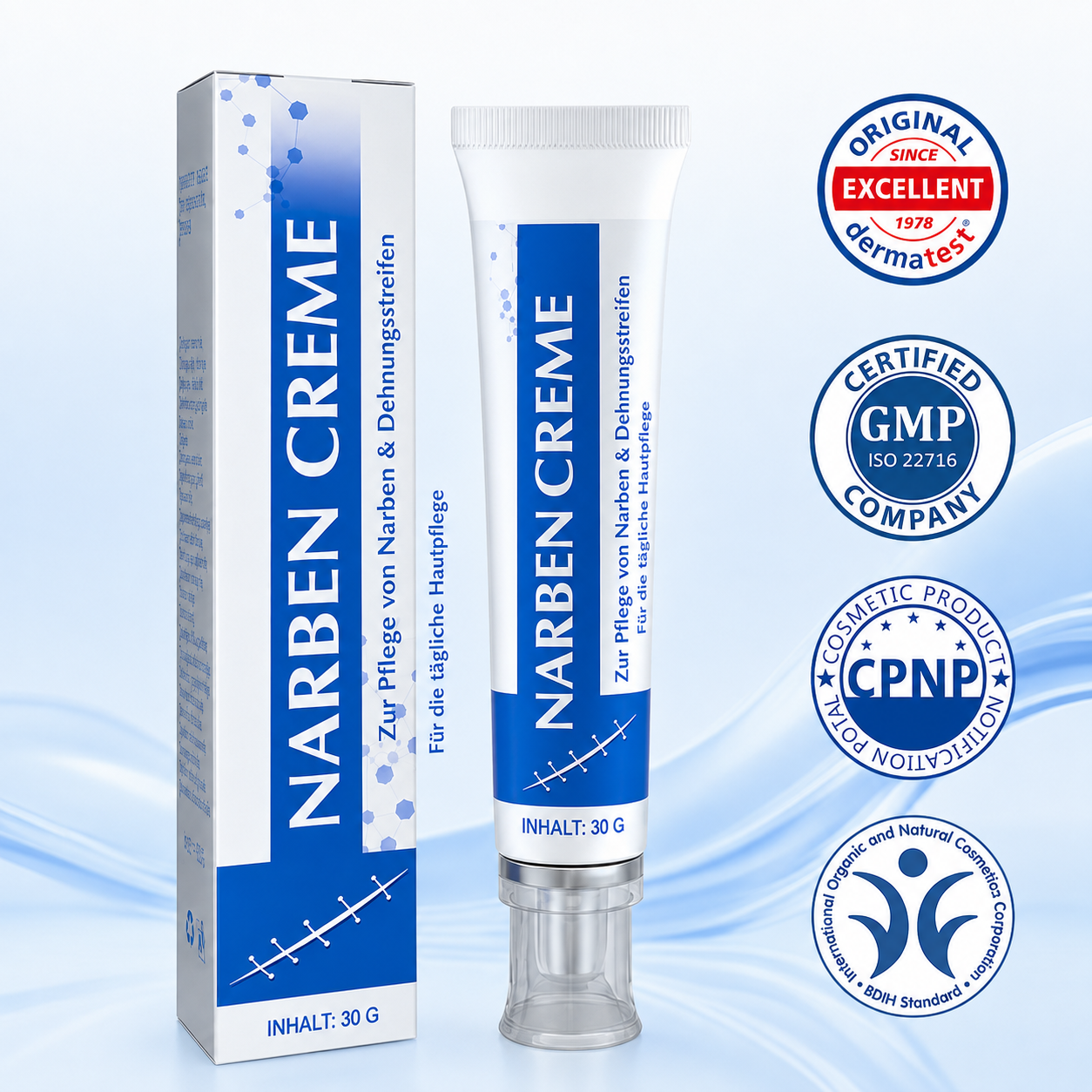 Kalovino® Reparierende Narbenpflege-Creme gegen Dehnungsstreifen, Aknenarben & unebenes Hautbild – für glatter und ebenmäßiger wirkende Haut