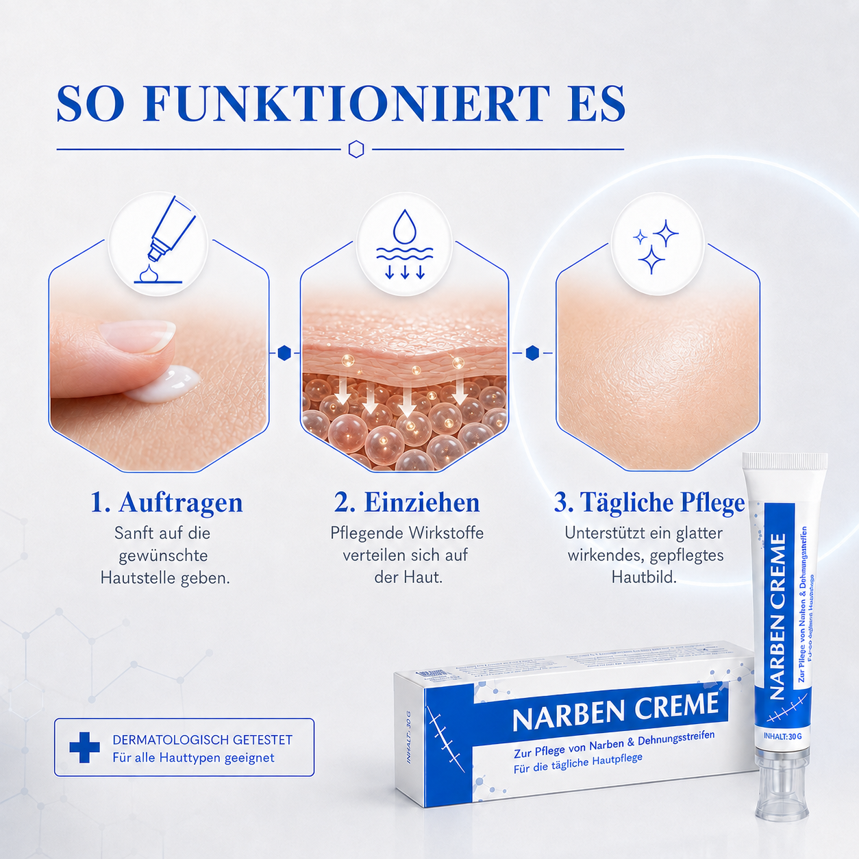 Kalovino® Reparierende Narbenpflege-Creme gegen Dehnungsstreifen, Aknenarben & unebenes Hautbild – für glatter und ebenmäßiger wirkende Haut