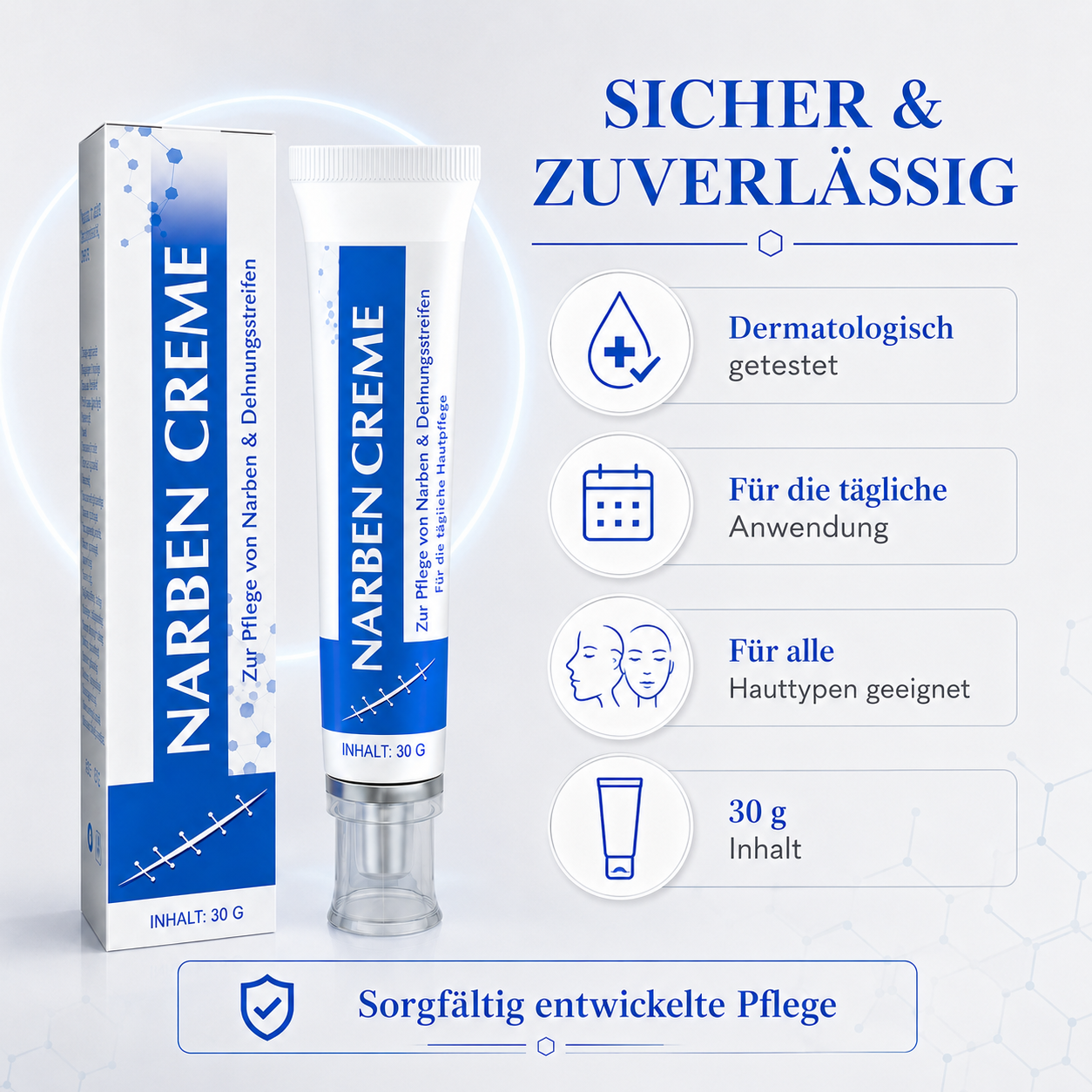Kalovino® Reparierende Narbenpflege-Creme gegen Dehnungsstreifen, Aknenarben & unebenes Hautbild – für glatter und ebenmäßiger wirkende Haut